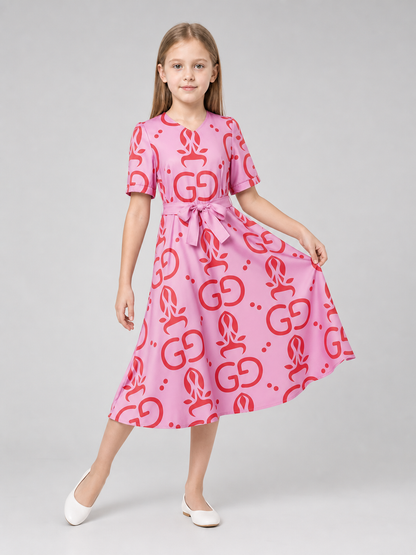 Cosplay dress with print and belt, short sleeves