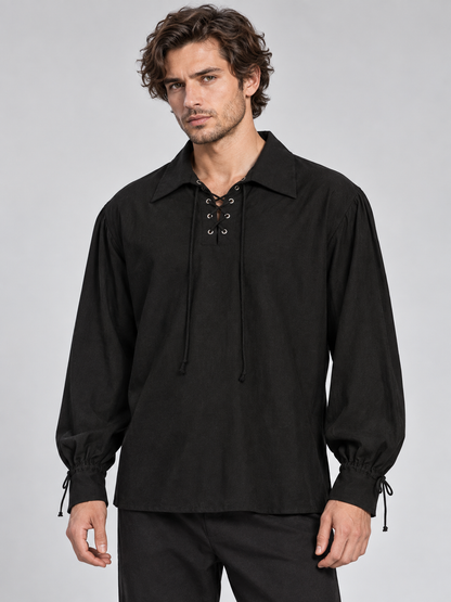 Black Pirate-Style Shirt with Lacing and Ties