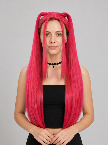 Red and Pink Cosplay Wig with Long Pigtails Costume Wigs detail