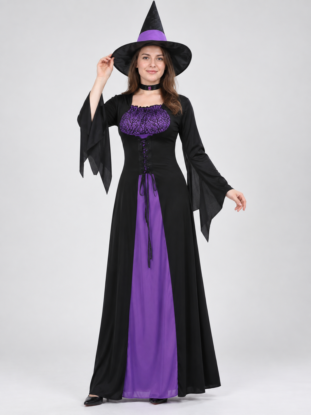 Black Witch Costume with Purple Inserts, Dress and Hat
