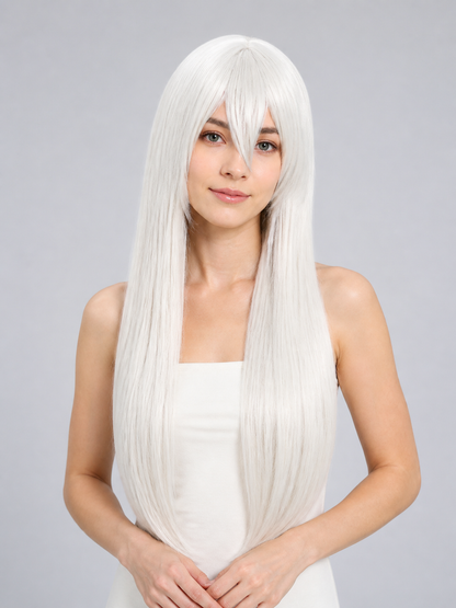 Long Straight White Carnival Wig with Side-Swept Bangs Costume Wigs detail