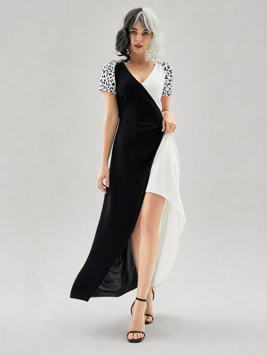 Cruella cosplay dress, black and white, long