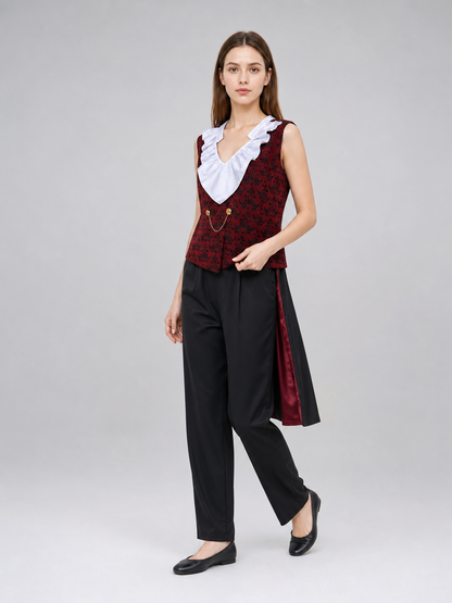 Cosplay costume with cape, chain, and trim