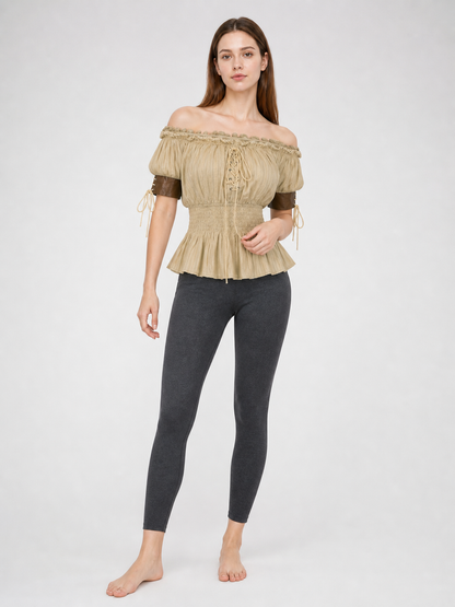 Vintage-Style Peasant Blouse with Lacing and Lace