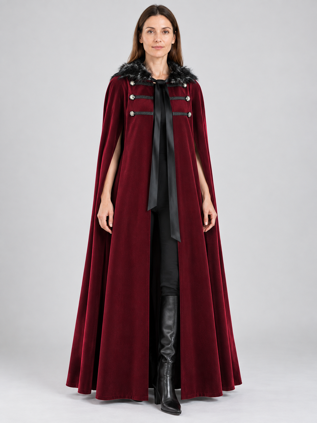 Burgundy Cape Cloak with Fur Collar