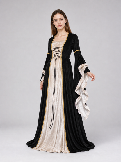 Floor-Length Dress with Corset Lacing and Ruffles