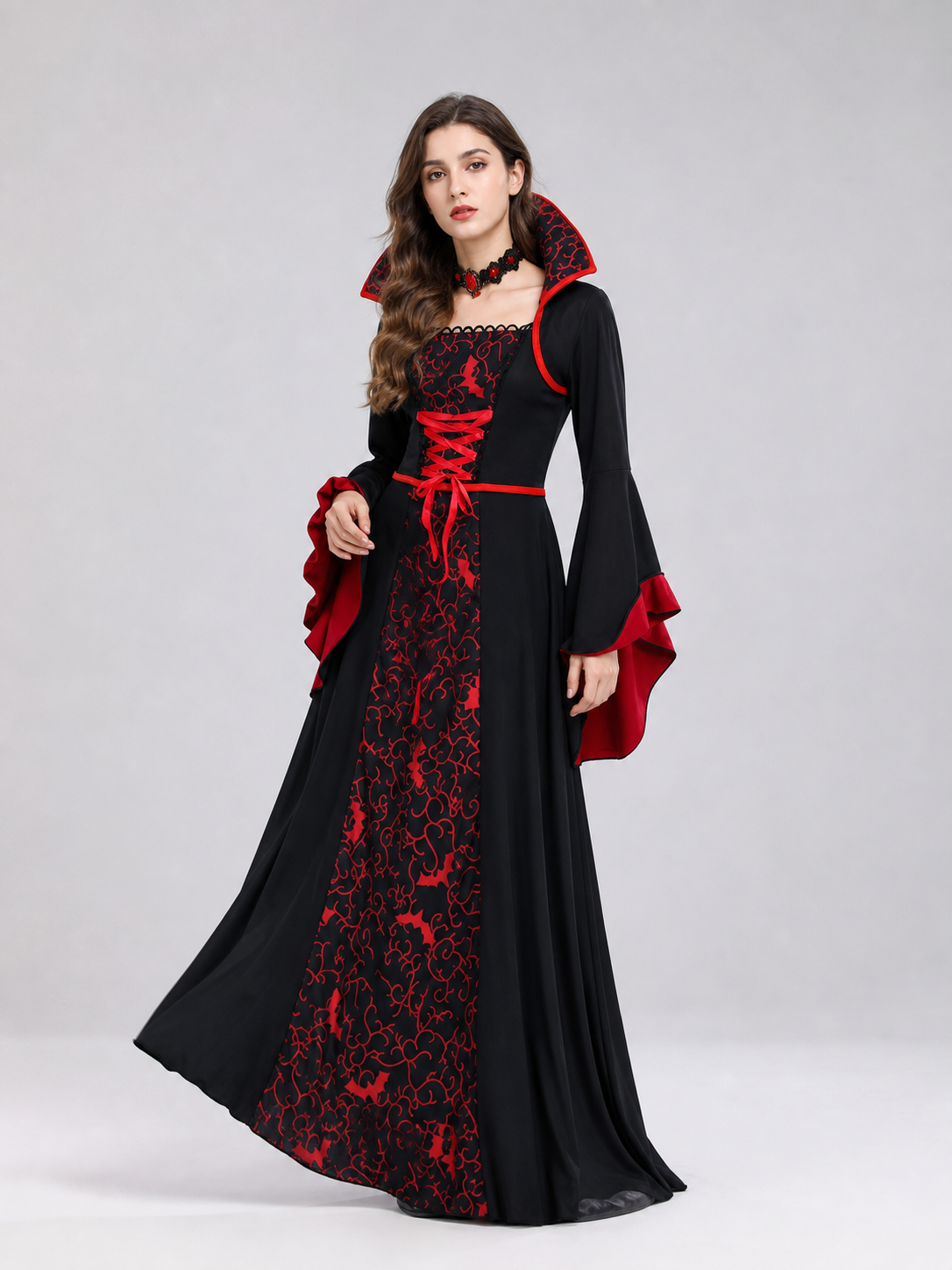 Long Gothic Vampire Cosplay Dress with Necklace