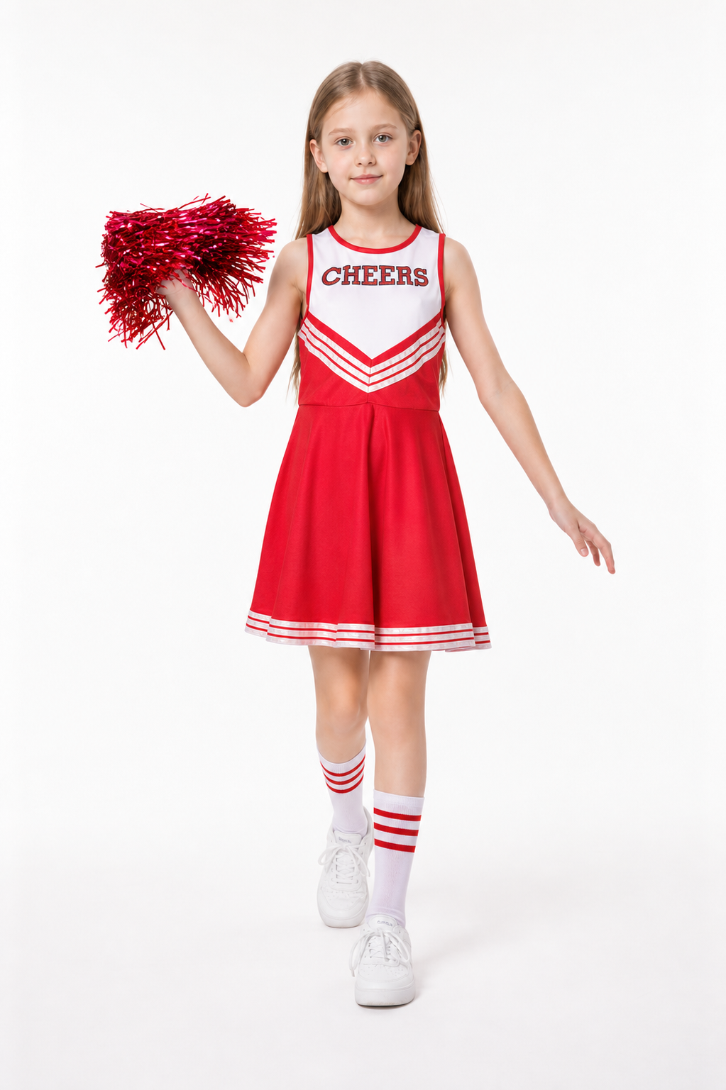 Red Children's Cheerleading Dress with White Stripes Costume Dresses detail 2
