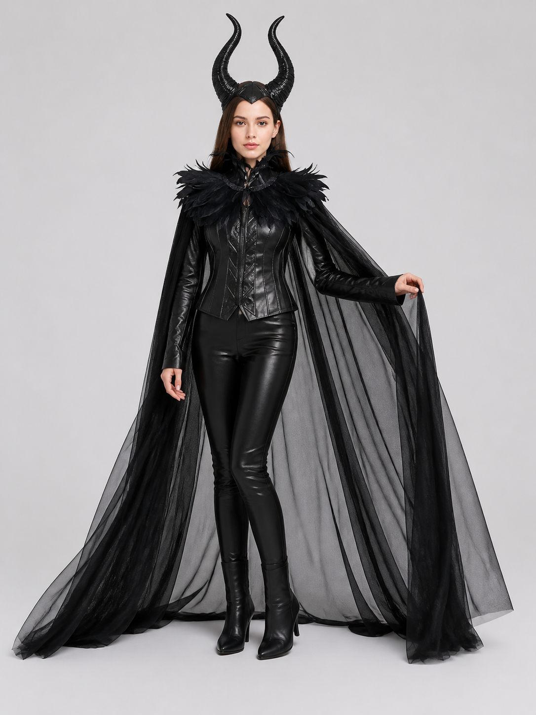 Gothic Set: Black Horned Cape with Feathers