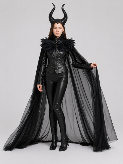 Gothic Set: Black Horned Cape with Feathers