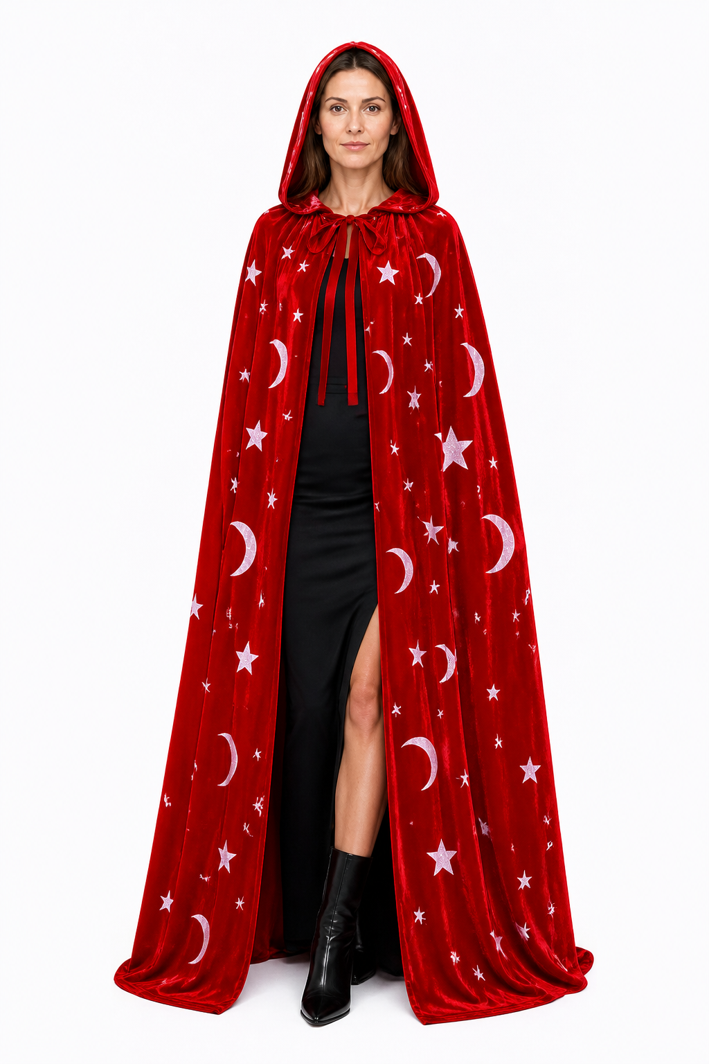 Red Hooded Cloak with Moon and Stars for Halloween Costume Capes detail 2