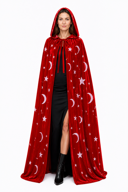Red Hooded Cloak with Moon and Stars for Halloween Costume Capes detail 2