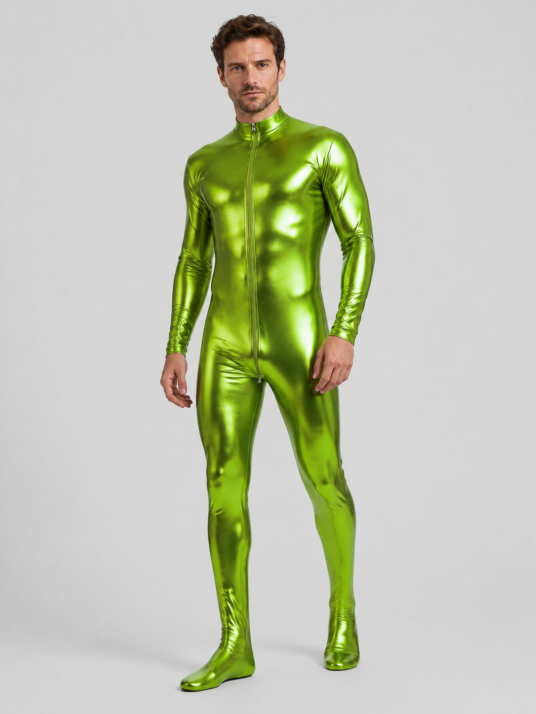Shiny Green Form-Fitting Jumpsuit with Zipper for the Stage product detail