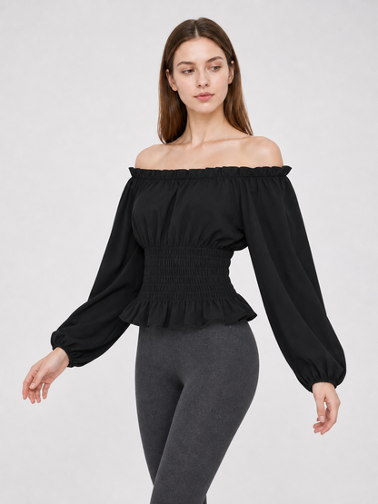 Black off-the-shoulder blouse with ruffles