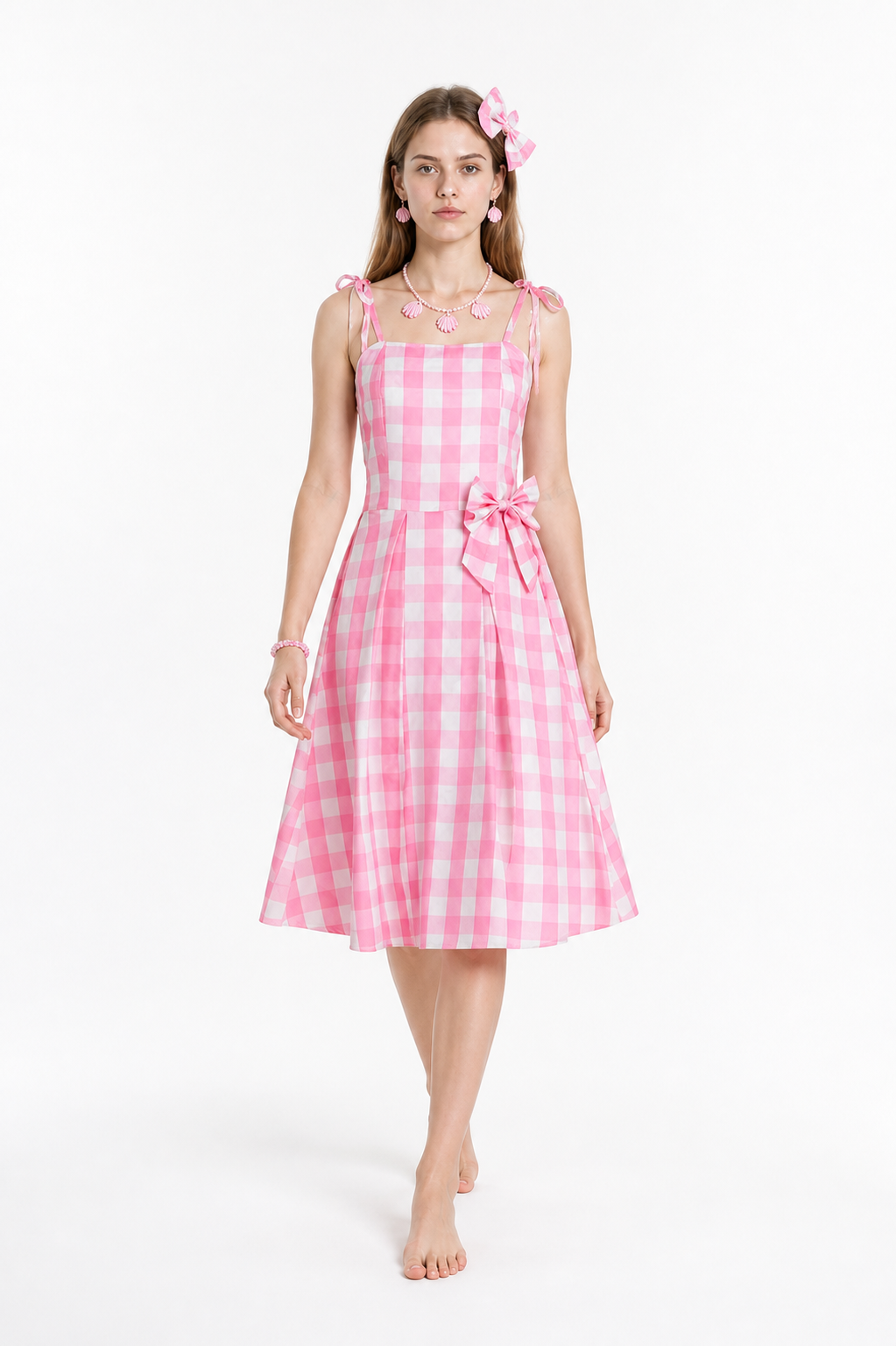 Pink-and-white gingham pinafore dress with a bow Costume Dresses detail 2