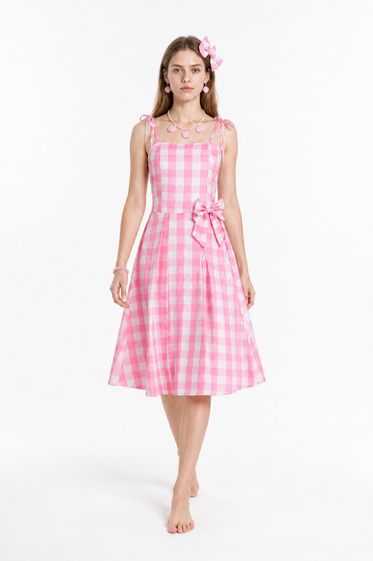 Pink-and-white gingham pinafore dress with a bow Costume Dresses detail 2
