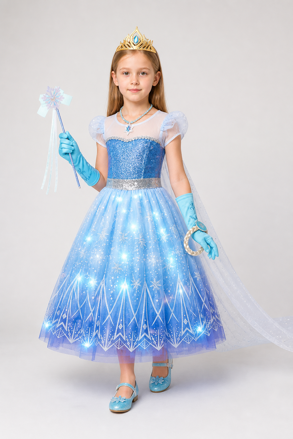 Glowing Elsa Costume with Crown and Snowflakes