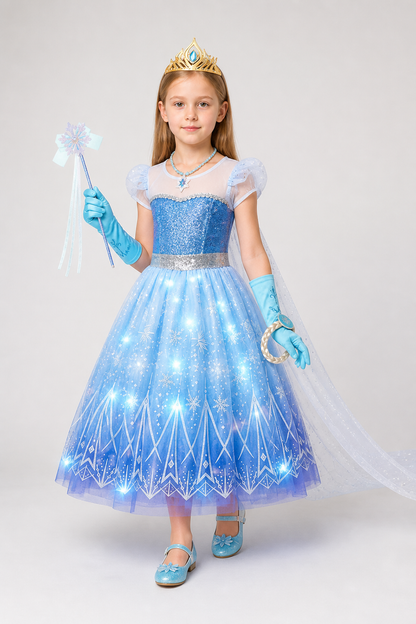 Glowing Elsa Costume with Crown and Snowflakes