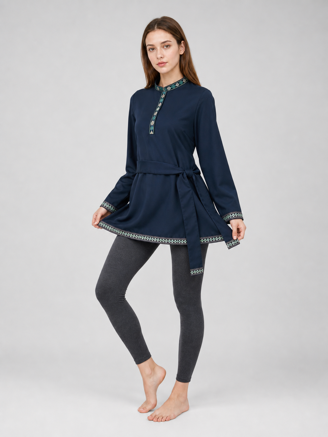 Dark Navy Tunic with Stand Collar and Belt