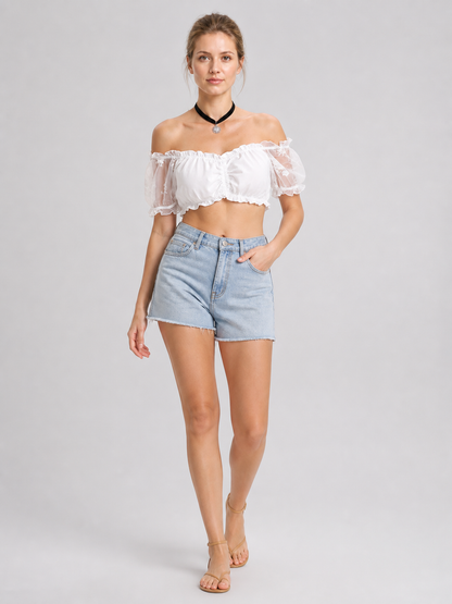White Off-the-Shoulder Top with Puff Sleeves and Ruffles product detail 2