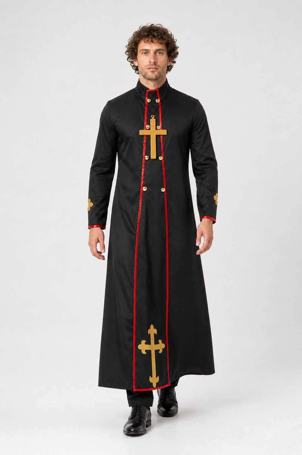 Black Cassock with Gold Cross and Red Trim product detail