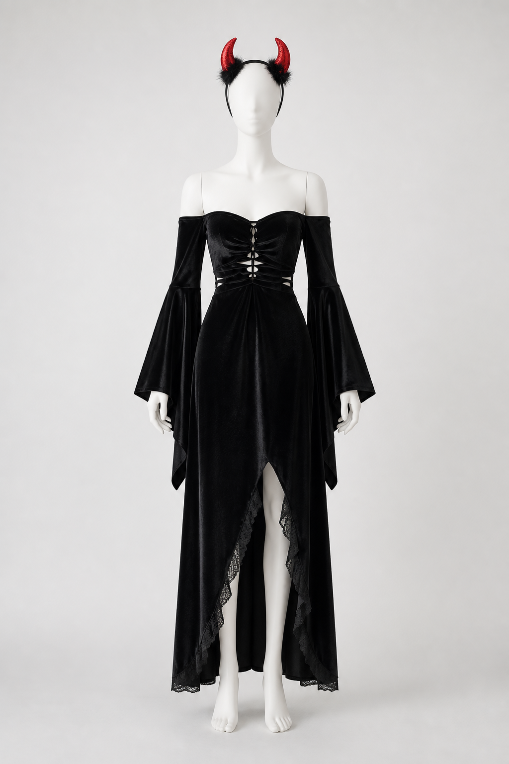 Black Gothic Long Dress with Red Horns Costume Dresses detail 2