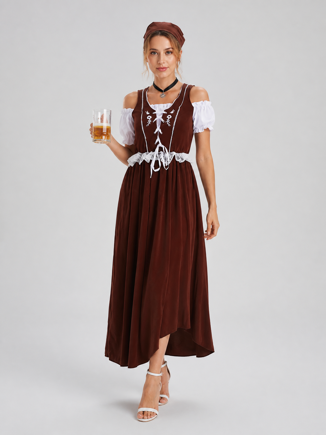 Long Brown and White Cosplay Dress with Lace Costume Dresses detail 2