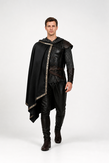 Black knight costume walking view showing the gold-trimmed cape, armor vest and chainmail sleeves
