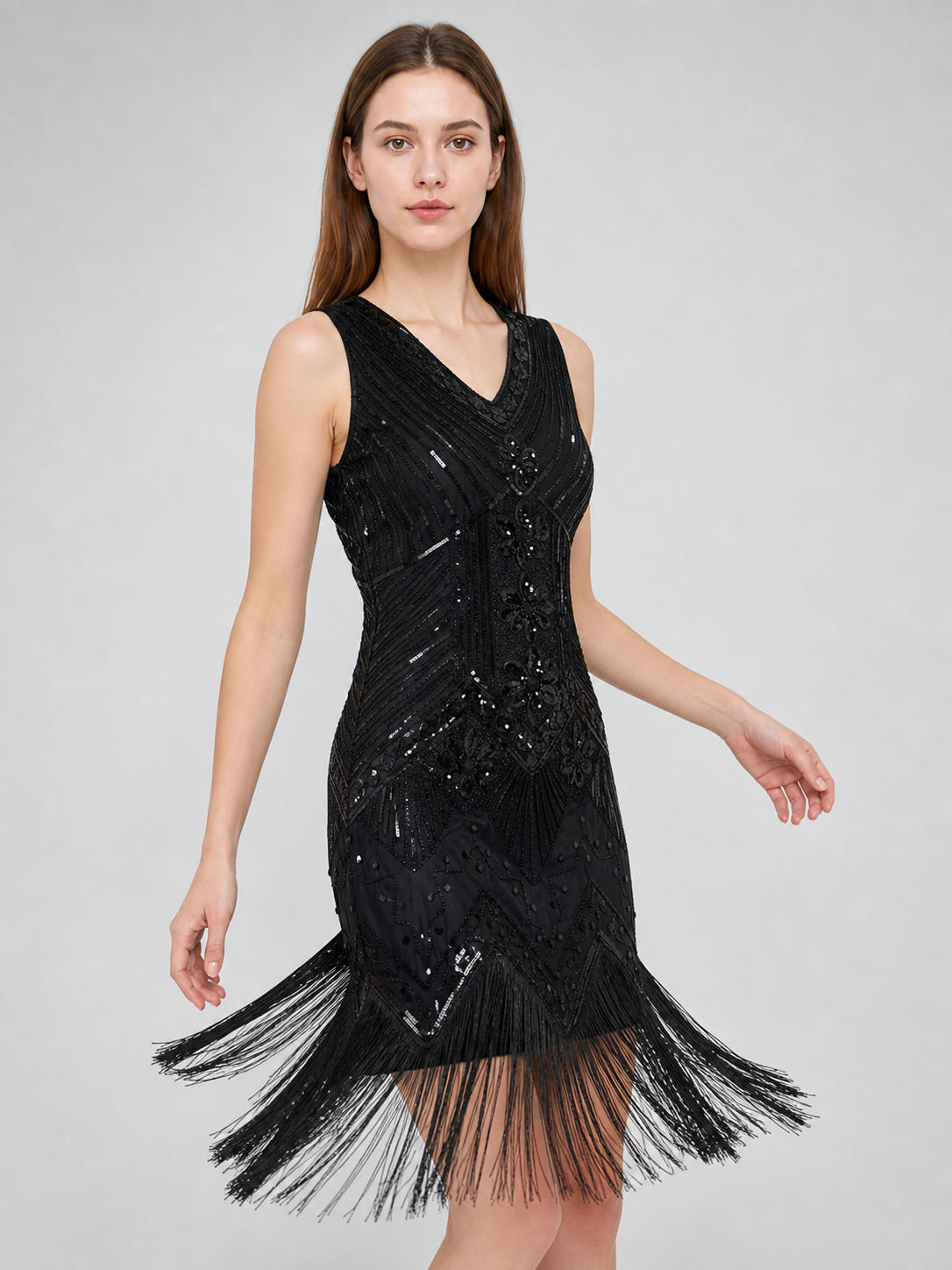 Black Art Deco flapper dress with fringe