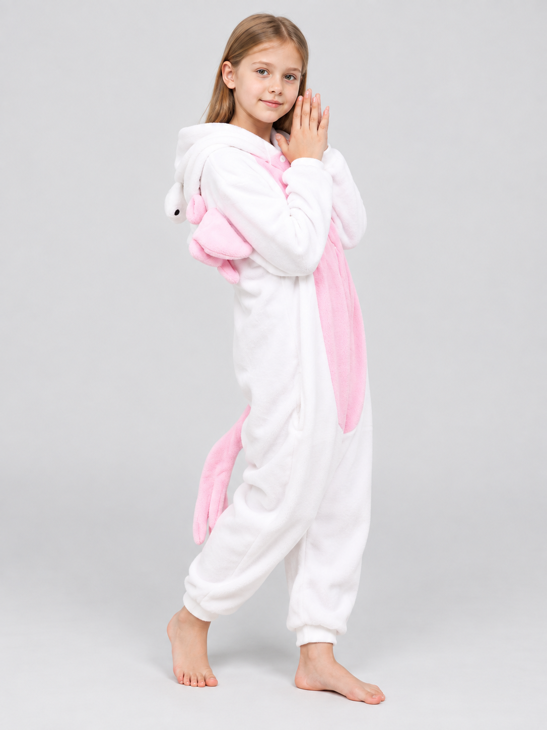 White and Pink Kids' Hooded Pajama Jumpsuit