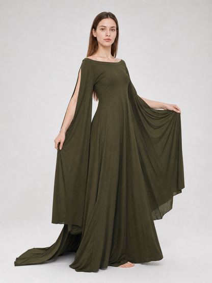 Fantasy-Style Dress with a Draped Skirt and Train