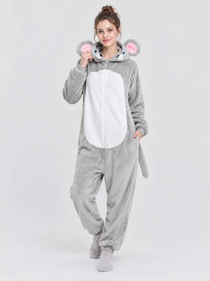 Gray Fleece Hooded Mouse Pajama Jumpsuit