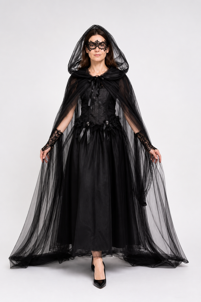 Witch Costume with Sheer Cape and Mask on-model alternate view