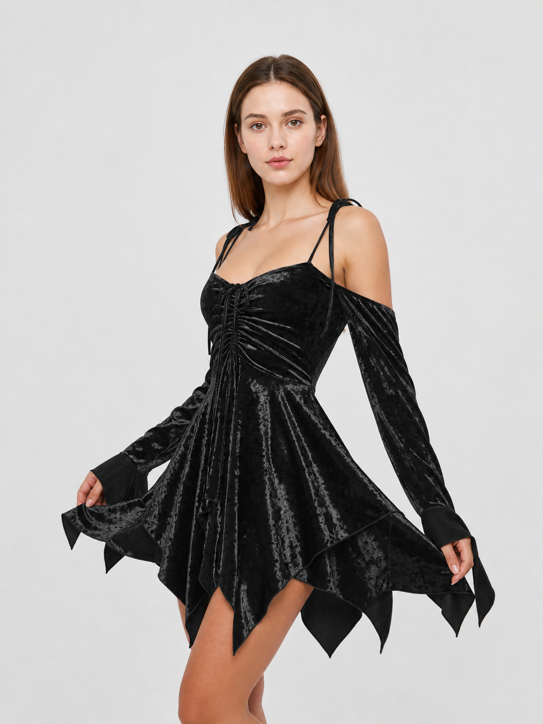 Black Mini Dress with an Asymmetrical Hem and Sleeves