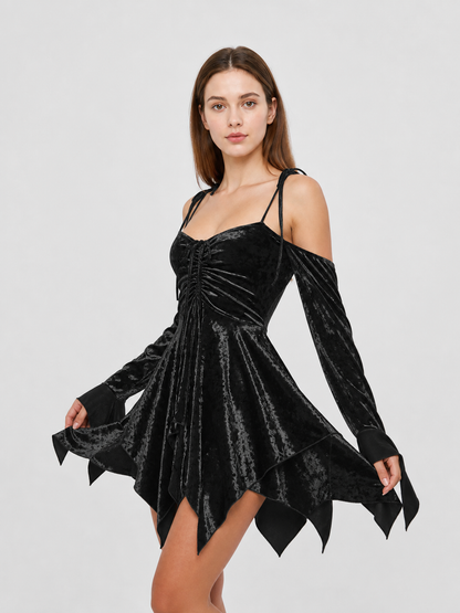 Black Mini Dress with an Asymmetrical Hem and Sleeves