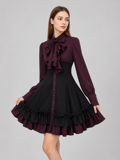 Women’s Gothic Renaissance Dress, Medieval Steampunk Style, Black And Burgundy Long Sleeve High Neck Ruffle A-Line Costume Outfit