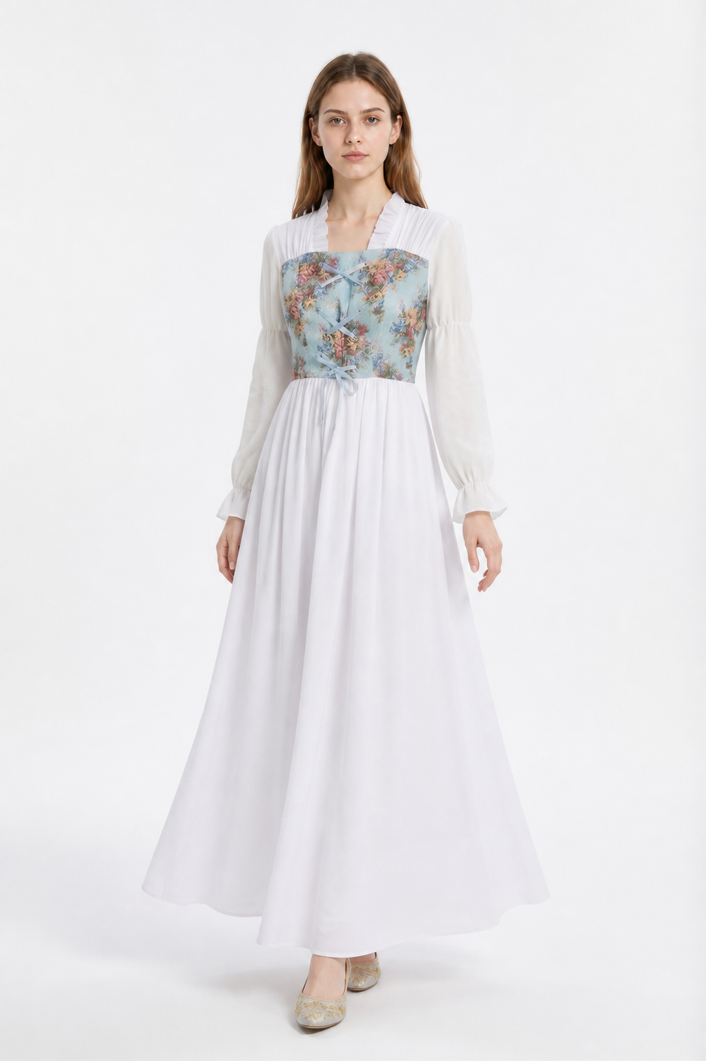 Long Retro Dress with Floral Print and Corset Costume Dresses detail 2