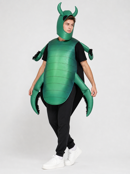 The beetle costume features a full-body insect silhouette with a large segmented green panel on the abdomen. The look is completed by a curved headpiece resembling horns, along with green side and hand elements that imitate insect limbs. Th