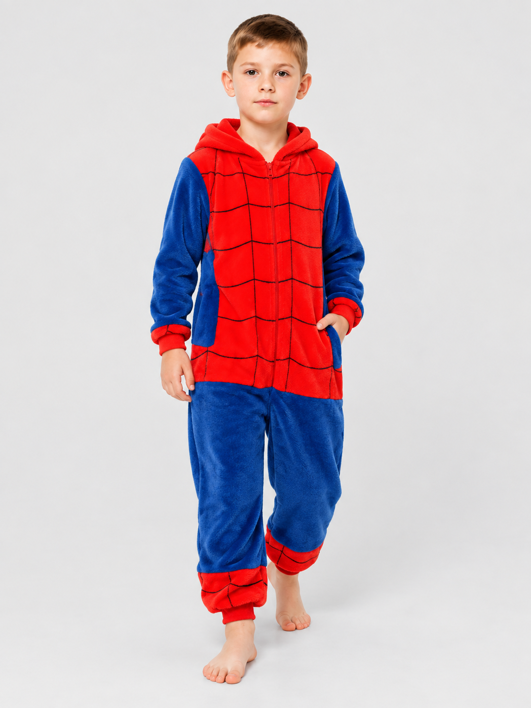 Kids' Hooded One-Piece Pajama, Red and Blue