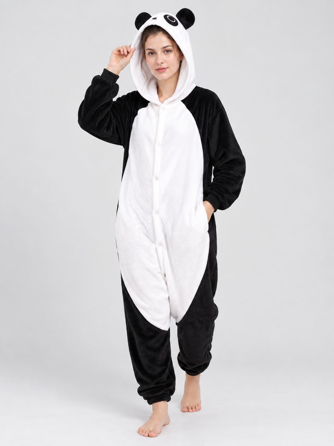 Black and White Panda Hooded Pajama Jumpsuit with Ears