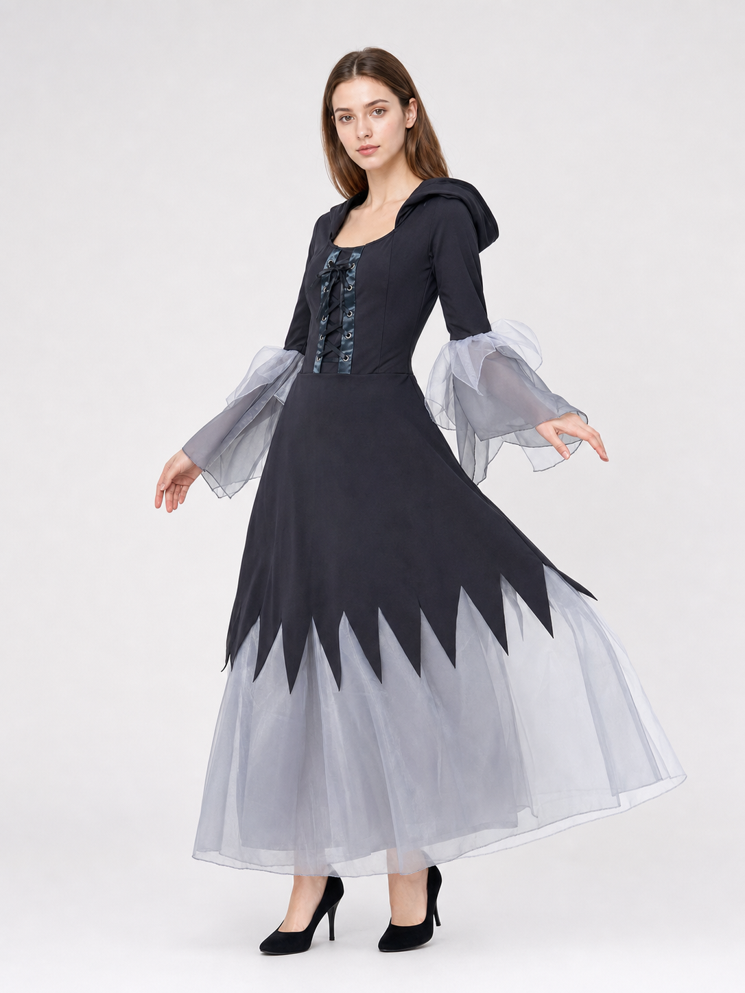 Gothic Black and Gray Lace-Up Cosplay Dress