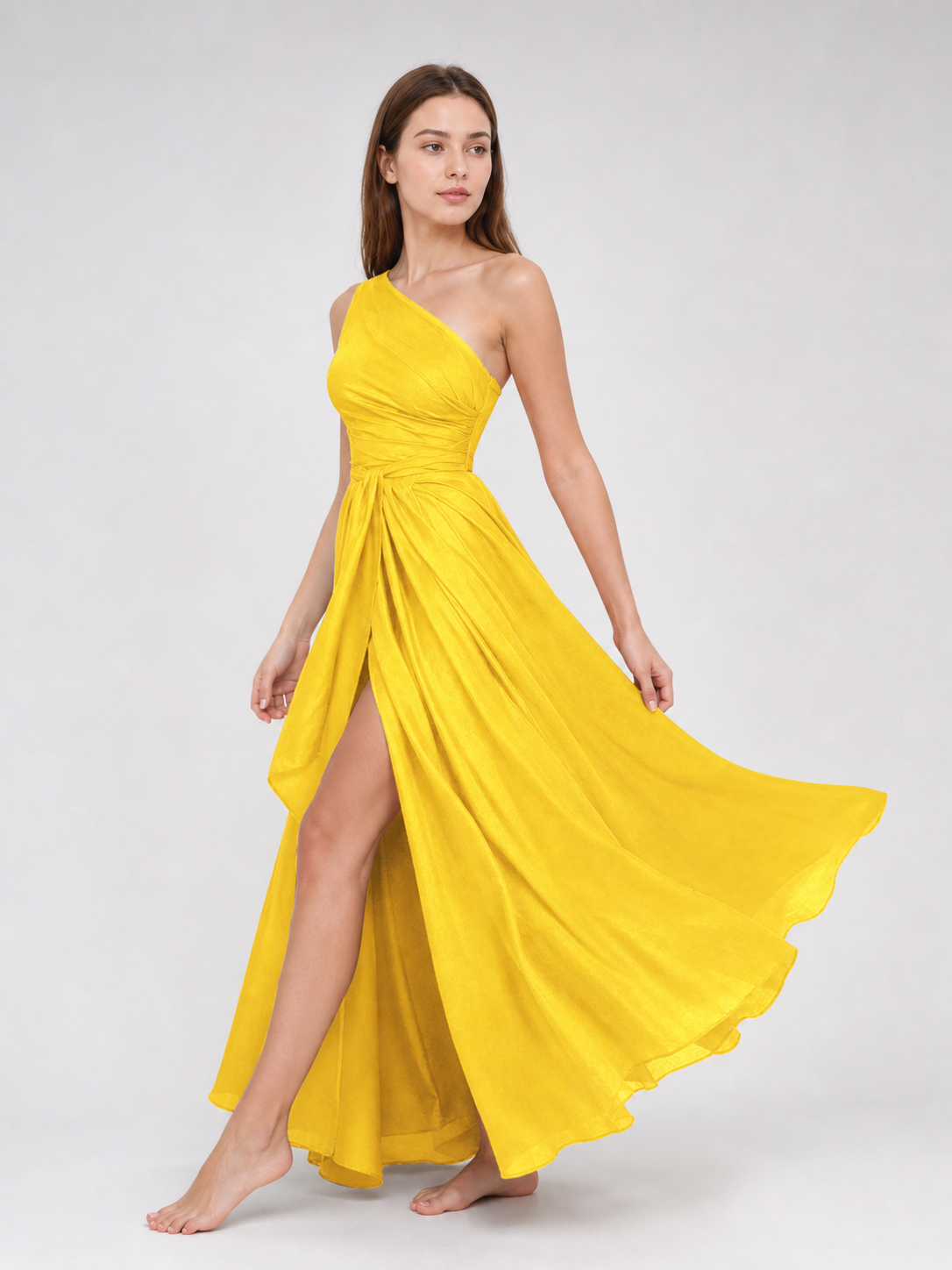 Yellow Chiffon One-Shoulder Evening Dress
