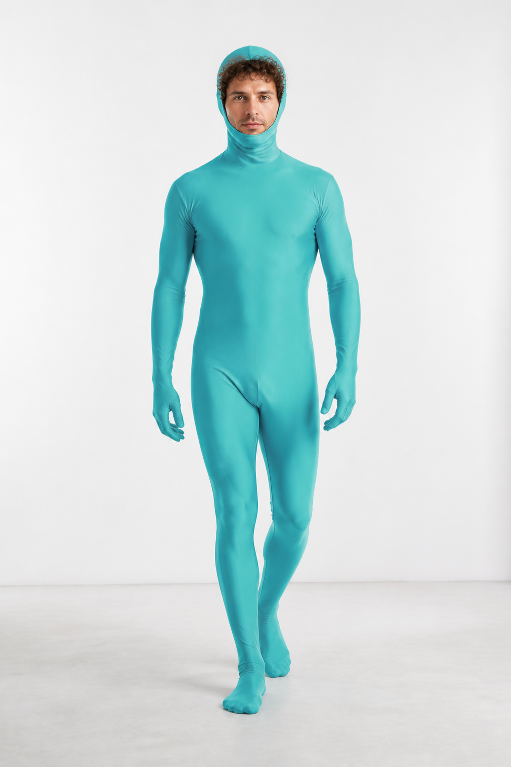 Turquoise Zentai Costume with Hood and Open Face Costumes detail