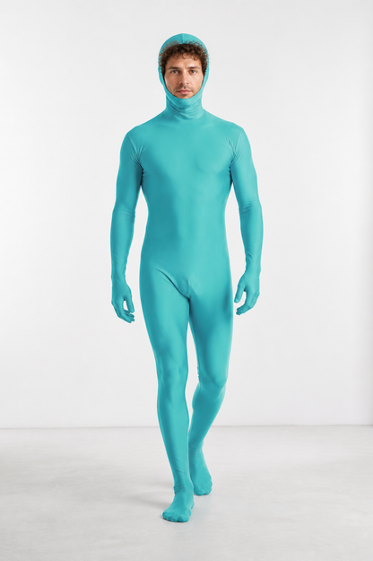 Turquoise Zentai Costume with Hood and Open Face Costumes detail