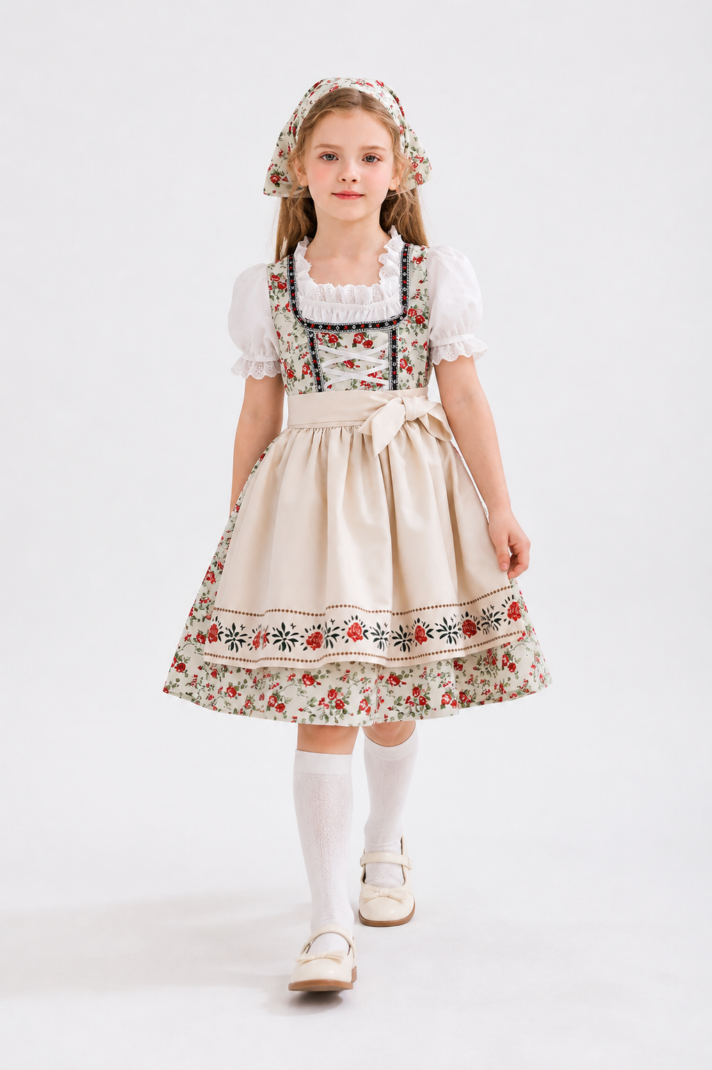 Dirndl Dress with Apron and Kerchief Featuring a Red Rose Print