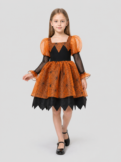 Orange and Black Princess Dress with Spiderweb Pattern