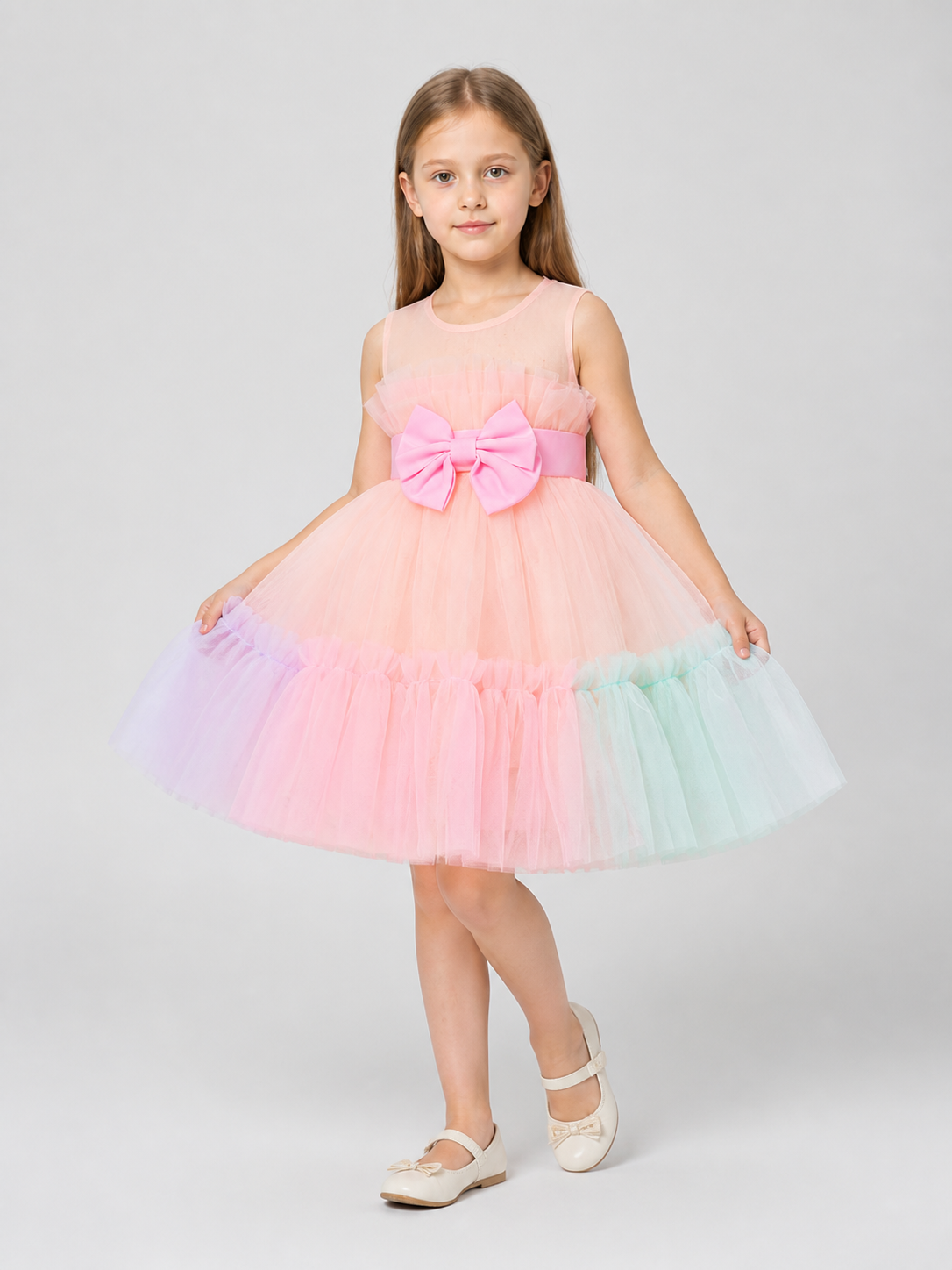 Fluffy Dress with Rainbow Tulle Skirt and Bow Costume Dresses detail 2