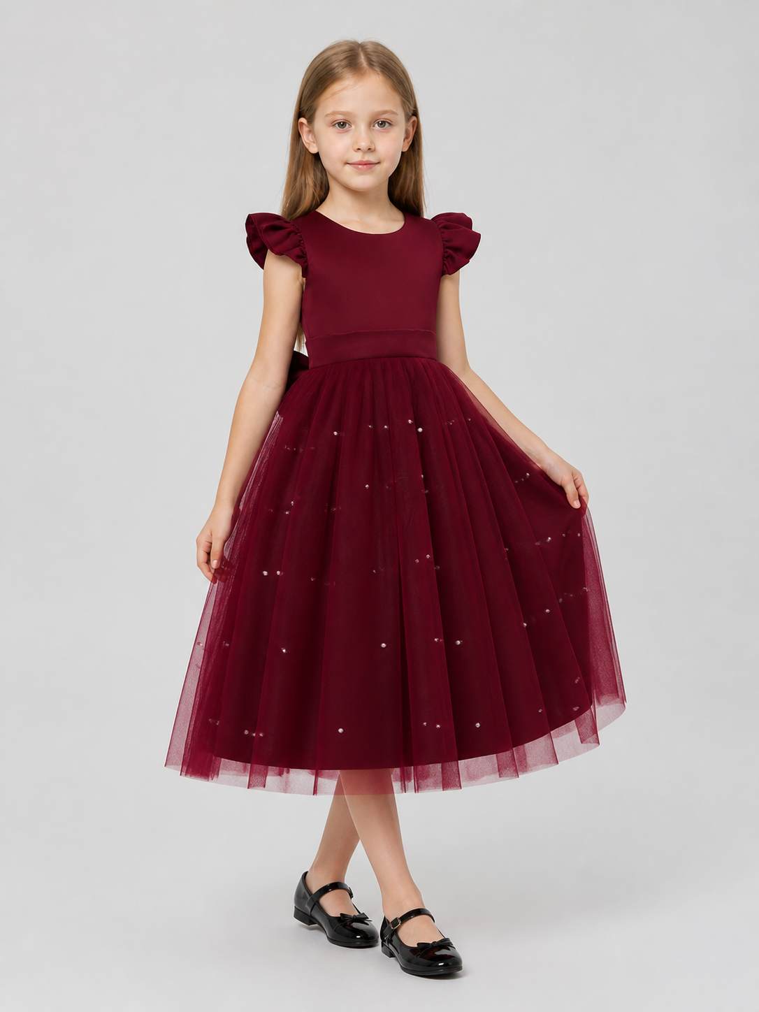 Burgundy Princess Dress with Bow and Full Skirt