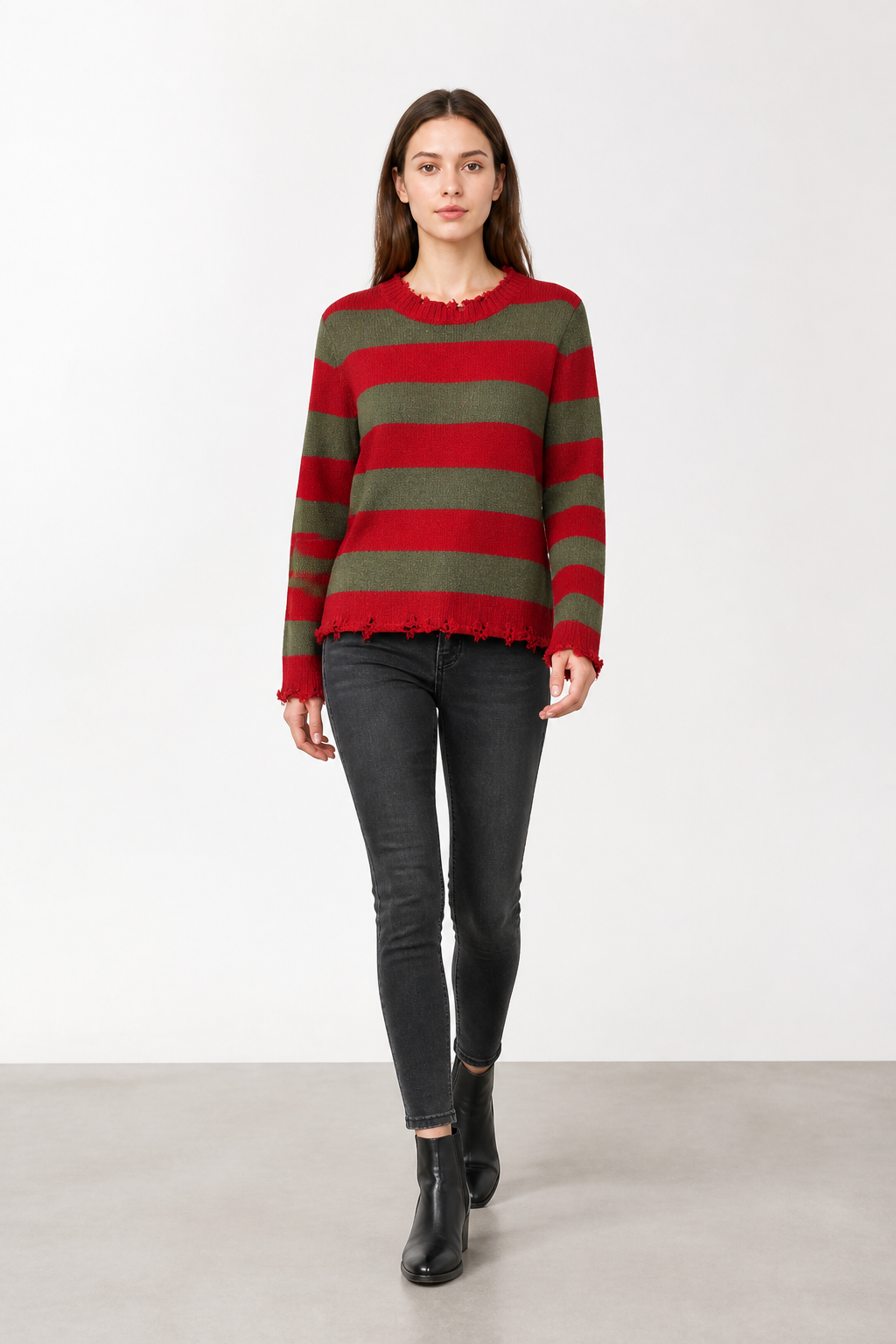 Striped Sweater with Raw Edges, Red and Green
