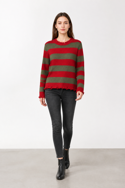 Striped Sweater with Raw Edges, Red and Green